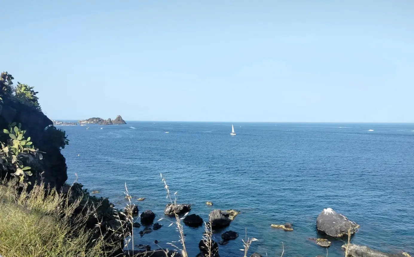 The basalt sea stacks of the Faraglioni dei Ciclopi rising out of the water at Aci Trezza