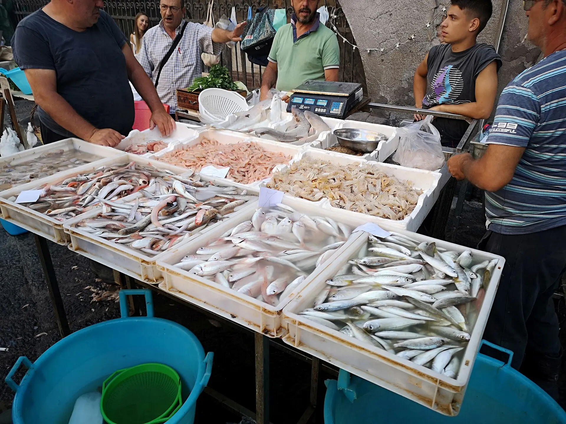 Stalls of fish on ice at the Pescheria market in Catania, crowded with shoppers
