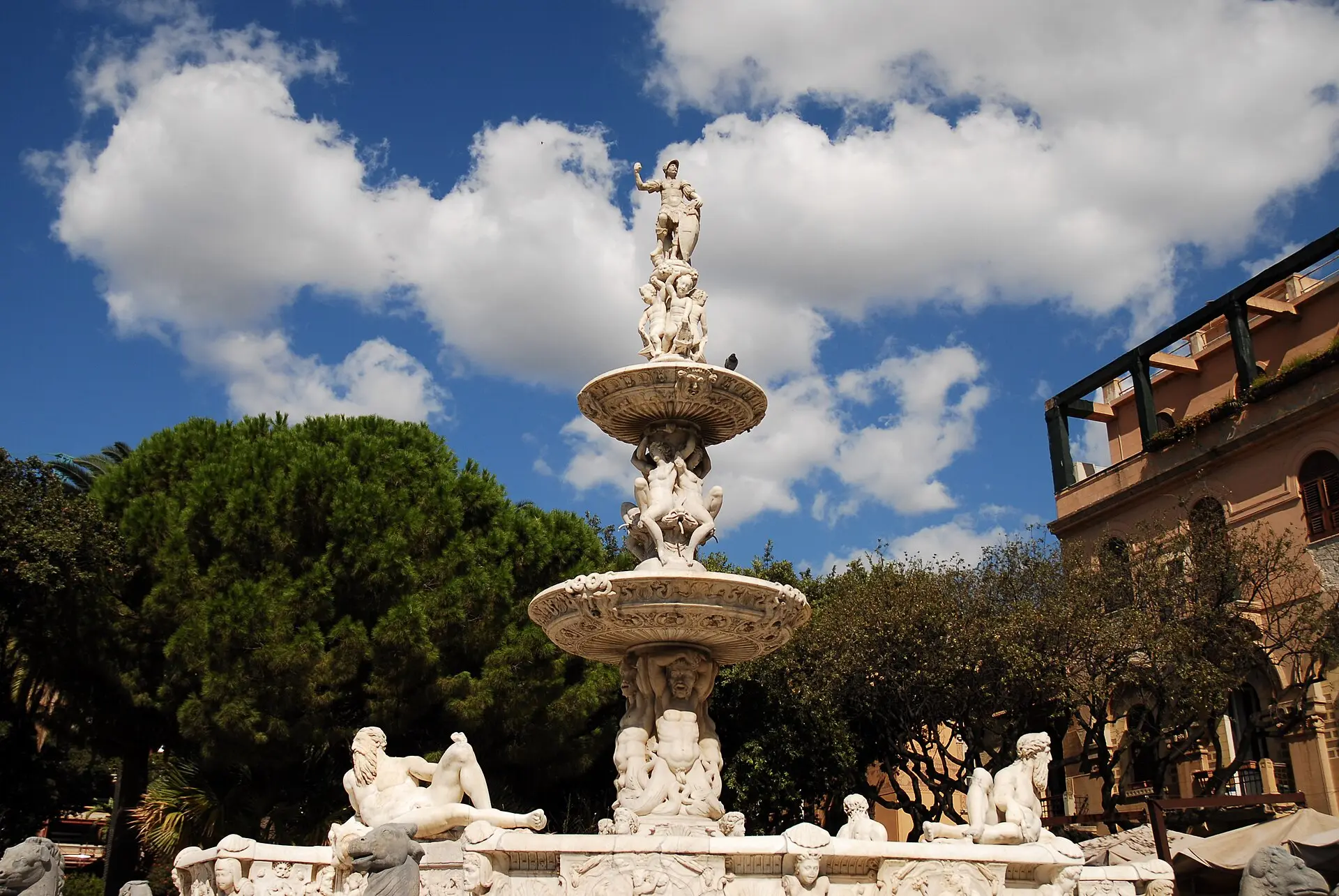 The Fontana di Orione in Piazza del Duomo, Messina, with the cathedral and its bell tower behind